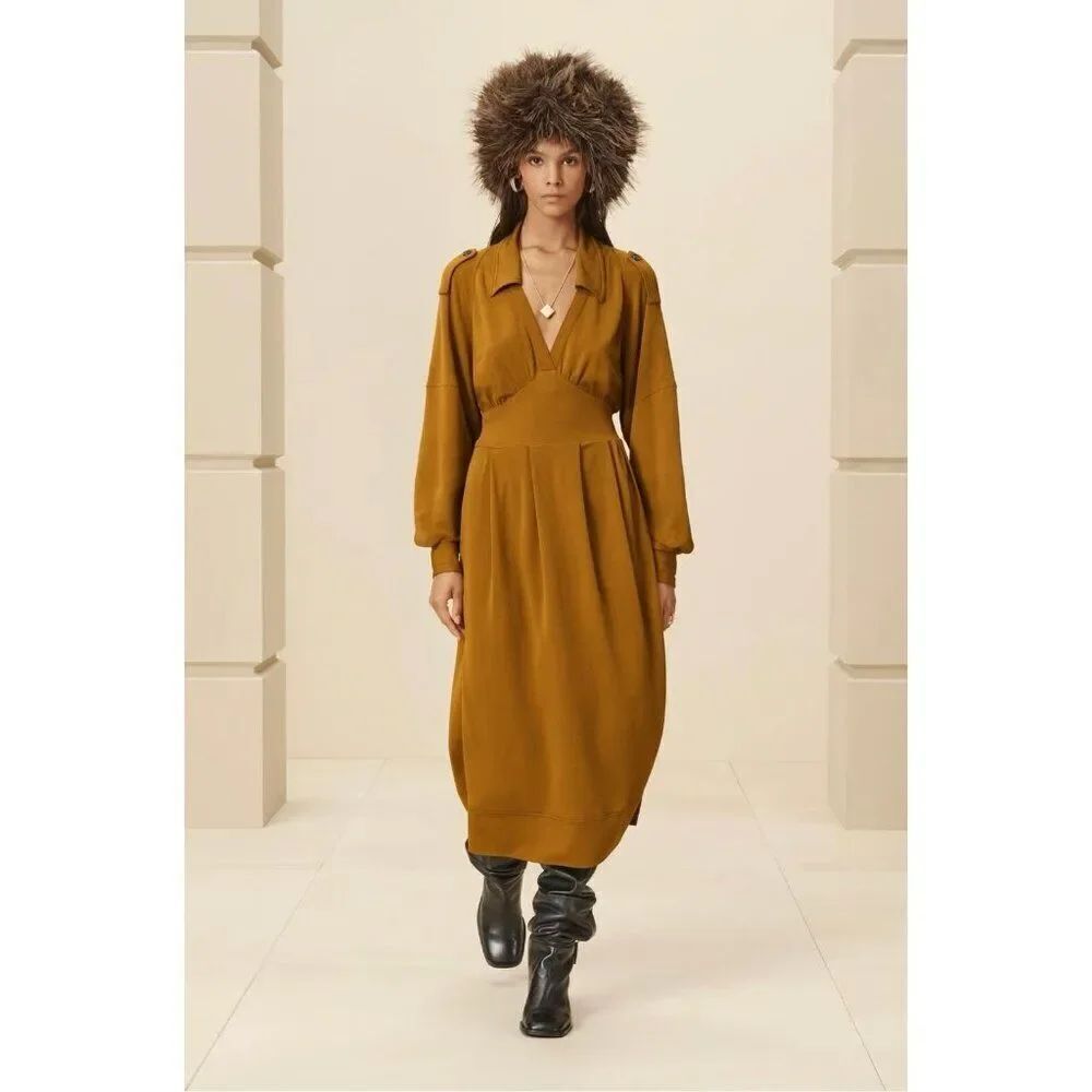 Zara Surplus Womens Midi Dress XS Mustard Gold Collared V-Neck 8516/244 NWOT